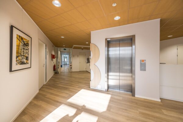 Moderne en lichte hal met houten vloer, een lift en een kunstwerk aan de muur in een gebouw aan de Varrolaan.