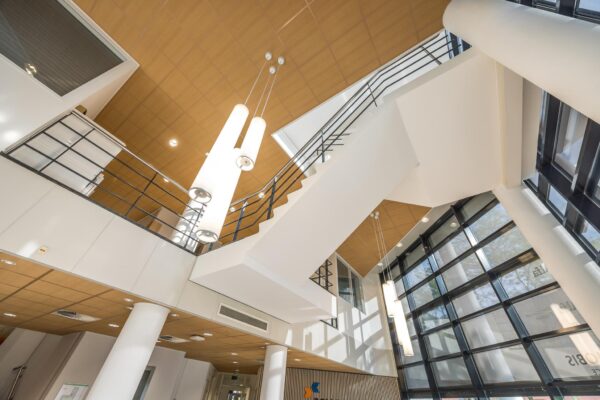 Moderne, lichte entreehal met houten plafonddelen, een wit trappenhuis en hoge ramen aan de Varrolaan.