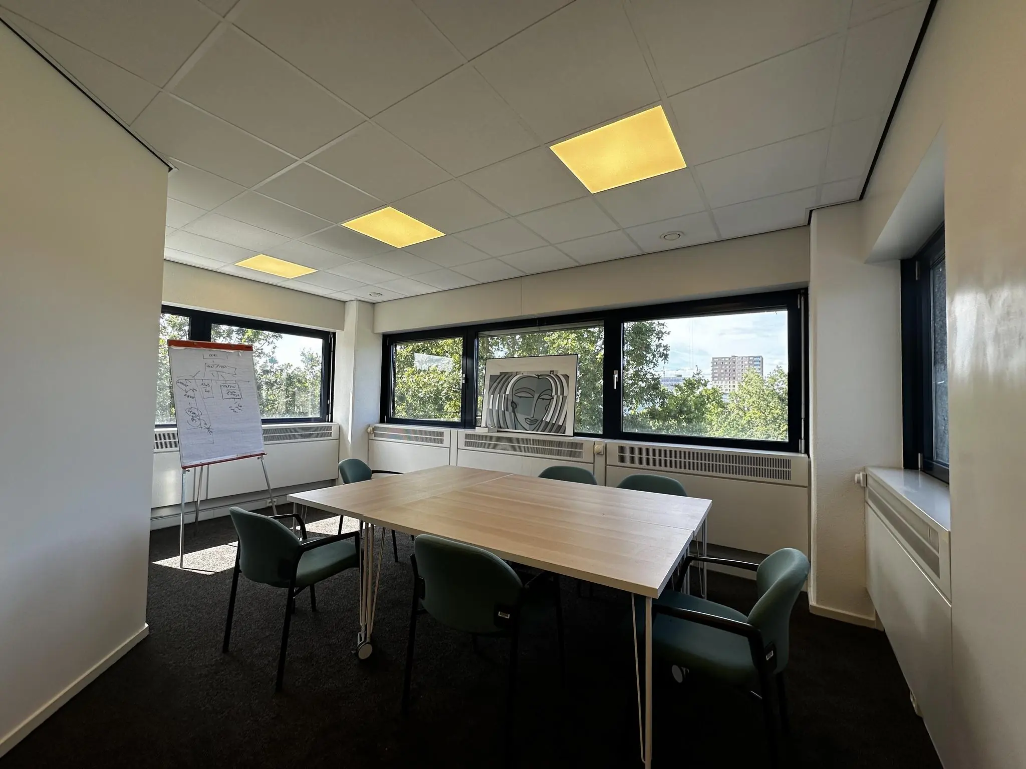 Vergaderruimte aan de Vreeswijksestraatweg met een tafel, zes stoelen, een flip-over en grote ramen met uitzicht op bomen en een flatgebouw.