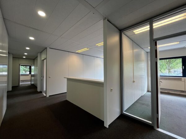 Modern kantoorinterieur aan de Vreeswijksestraatweg met strakke witte wanden, glazen kantoorruimtes en donker tapijt.