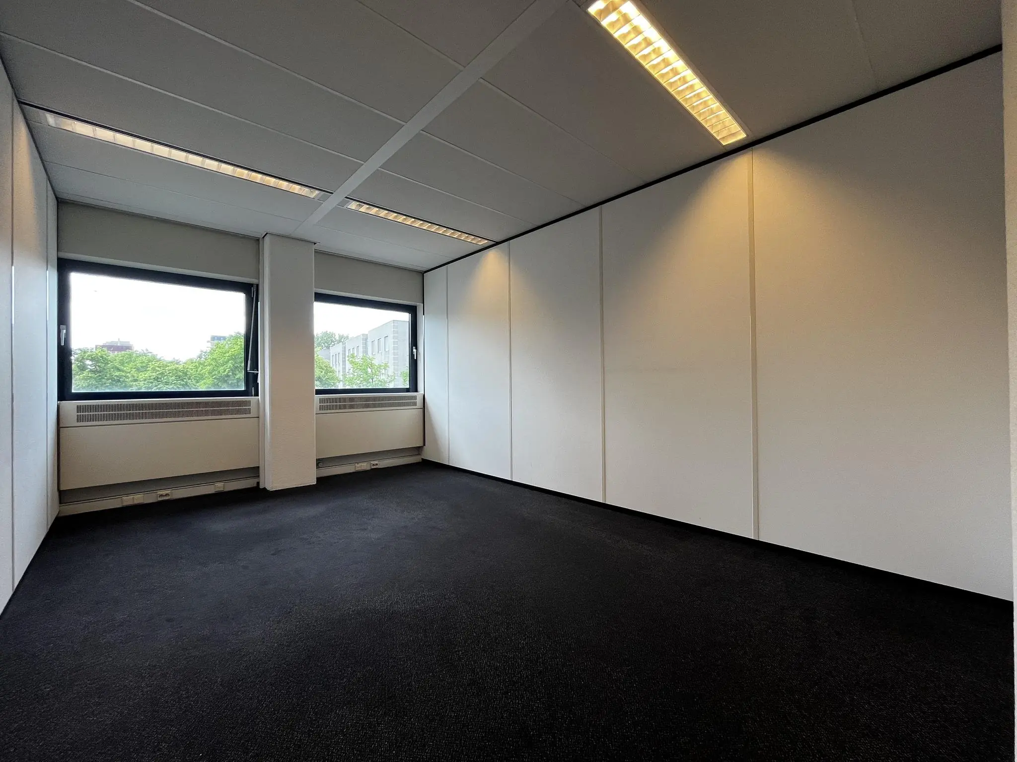 Lege kantoorruimte aan de Vreeswijksestraatweg met witte wanden, zwart tapijt en grote ramen met uitzicht op groen.