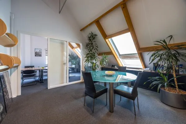 Moderne kantoorruimte met glazen vergadertafel, zwarte stoelen, schuine dakramen en grote kamerplanten.