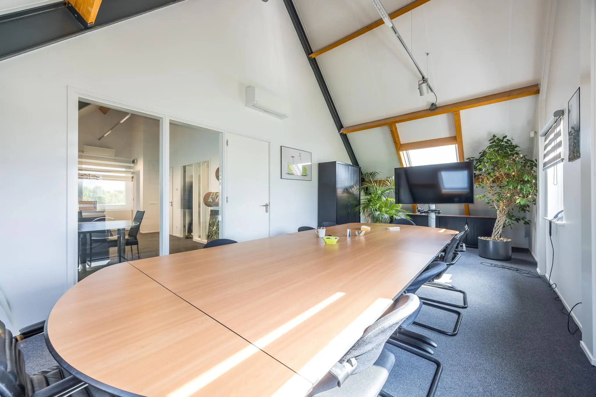 Vergaderruimte Voorveste met groot houten vergadertafel, stoelen, flatscreen, kamerplanten en veel daglicht.