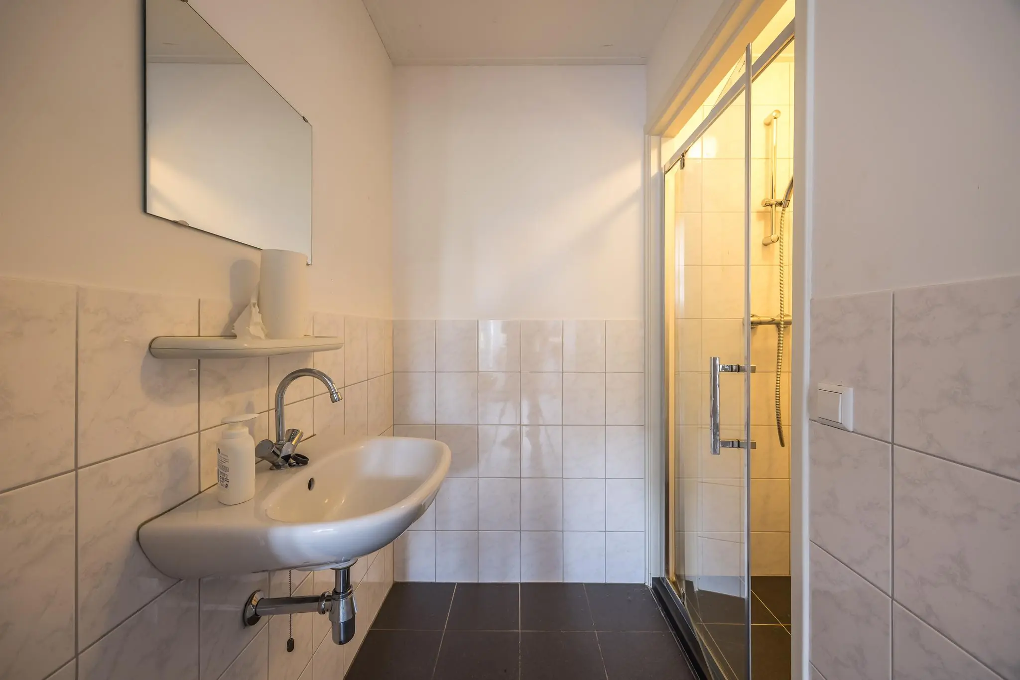 Compacte badkamer met wastafel, spiegel en inloopdouche in Voorveste.