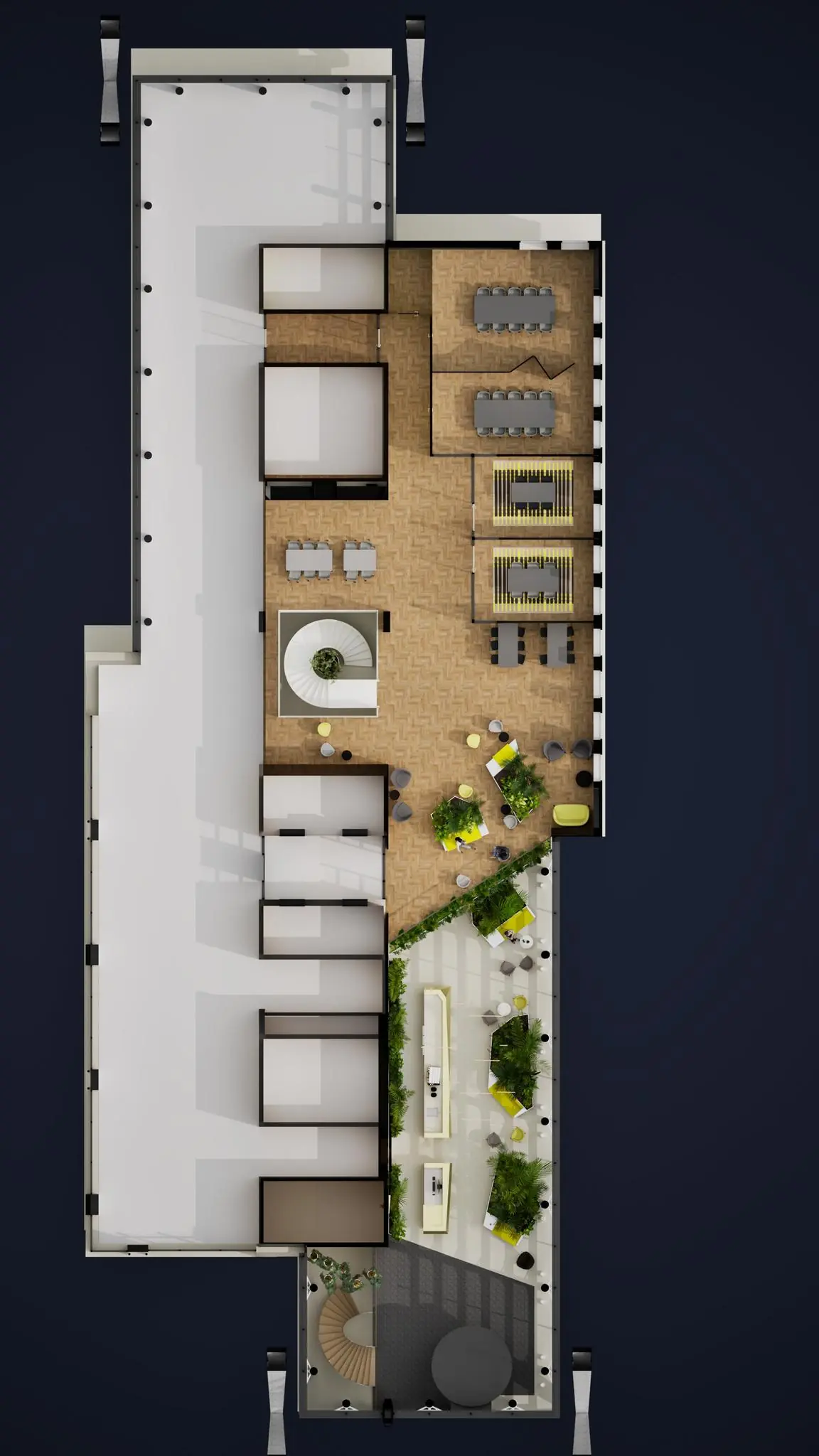 Plattegrond van de begane grond van De Entree met kantoorruimtes, vergaderruimtes, open werkplekken en een groenzone met zitgelegenheid.