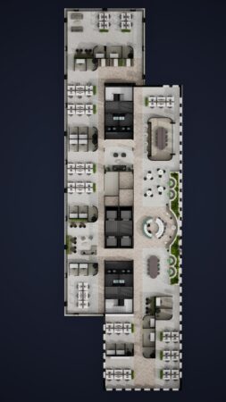 Plattegrond van een modern kantoorinterieur in gebouw De Entree met open werkplekken, vergaderruimtes en een ontvangstruimte.
