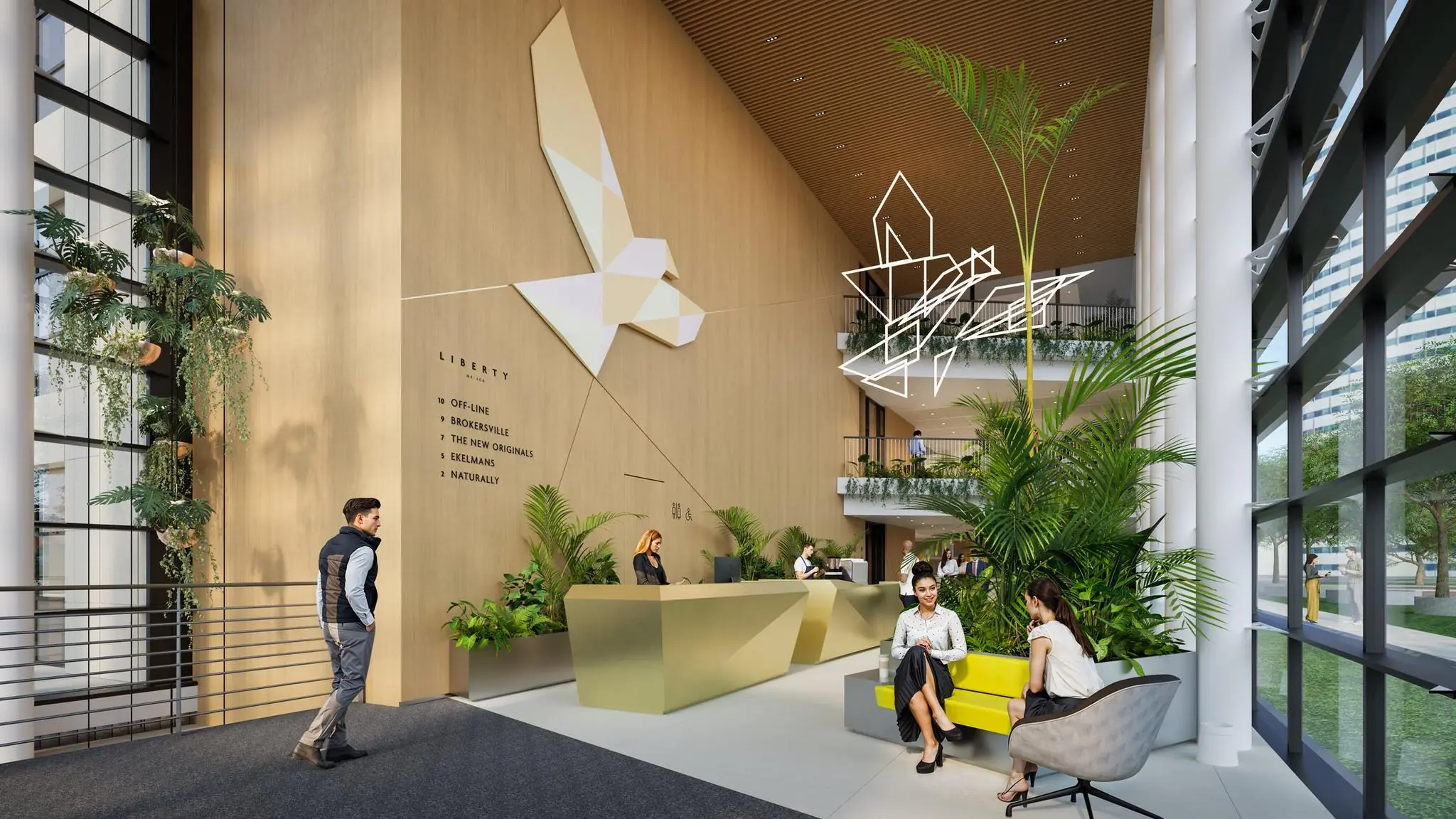 Moderne kantoorentree van De Entree met veel groen, een geometrisch vogelkunstwerk en een receptiebalie.