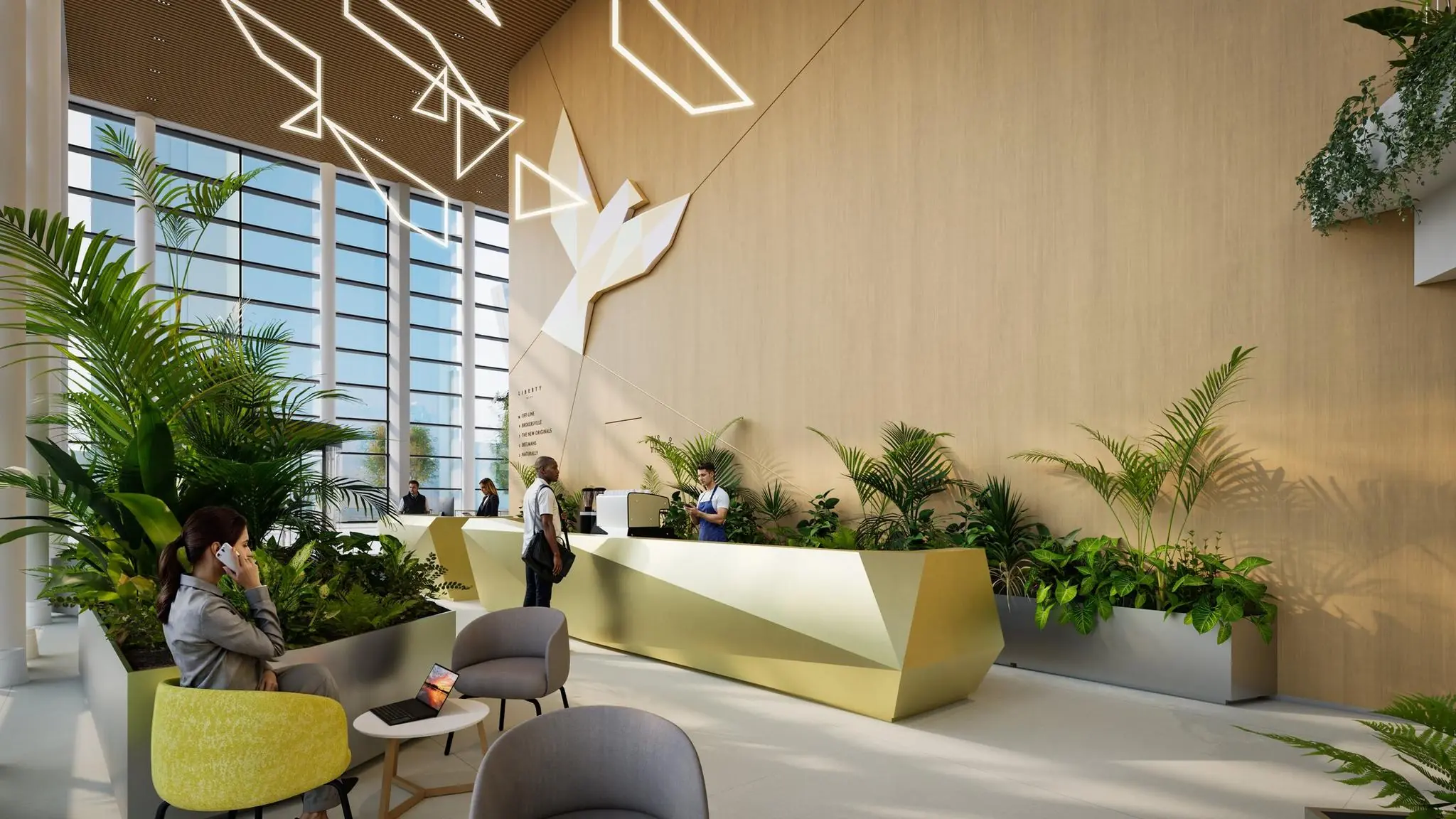 Moderne en groene entreehal van een bedrijfsgebouw met een geometrische receptiebalie en grote ramen.