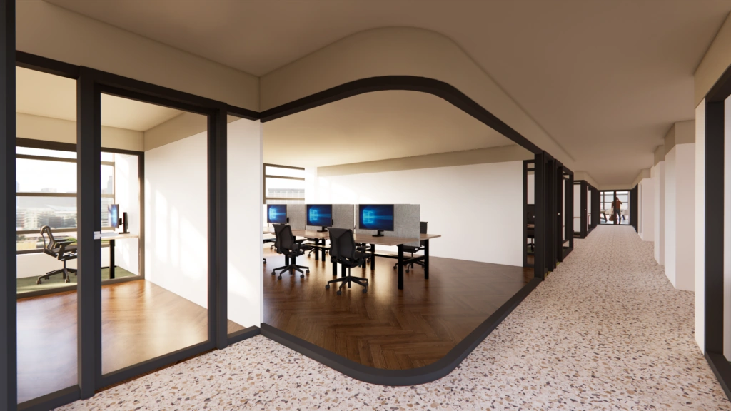 3D-impressie van een moderne kantoorruimte met werkplekken langs een brede gang in het Adammium-gebouw.