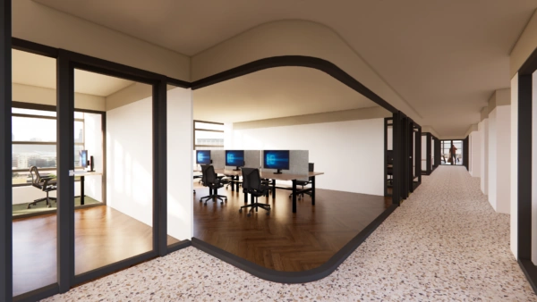 3D-impressie van een moderne kantoorruimte met werkplekken langs een brede gang in het Adammium-gebouw.