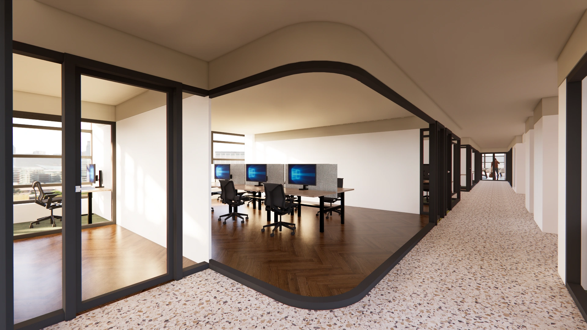 3D-impressie van een moderne kantoorruimte met werkplekken langs een brede gang in het Adammium-gebouw.