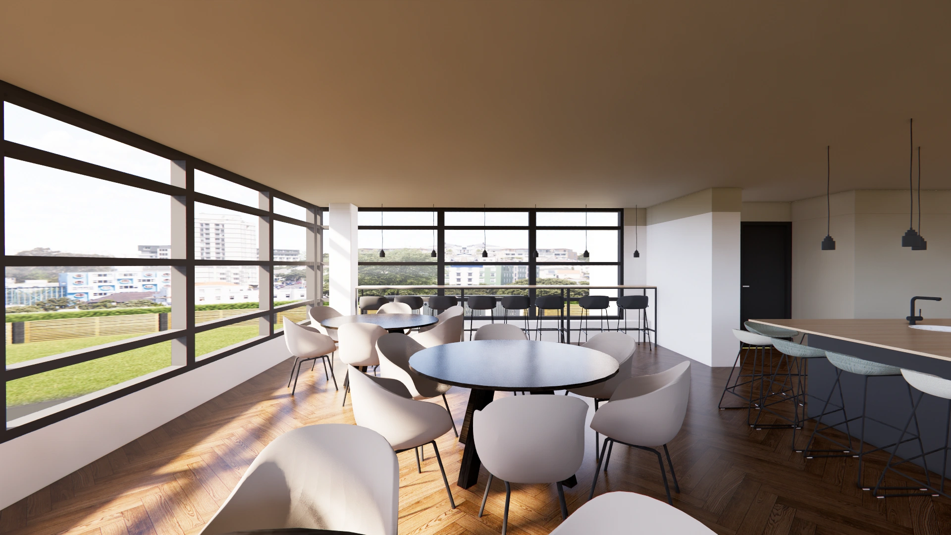 3D-impressie van de moderne kantine van Adammium met ronde tafels, grote raampartijen en een bar met krukken.