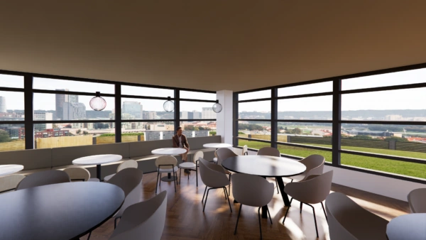 3D-impressie van de kantine van Adammium met moderne inrichting en panoramisch uitzicht over de stad.