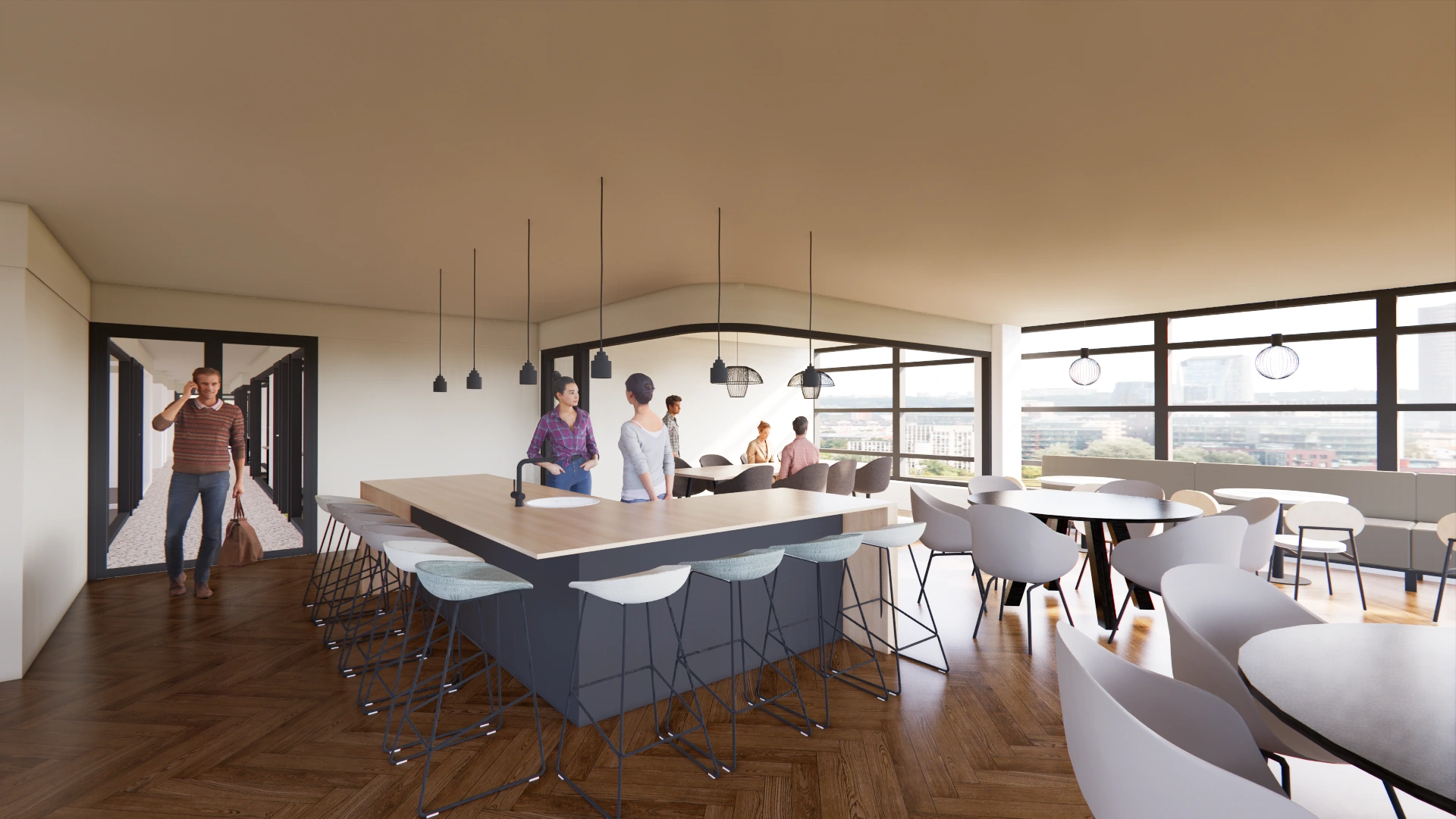 3D-impressie van de kantine in Adammium met een centraal kookeiland, zitgedeeltes en grote ramen met uitzicht op de stad.
