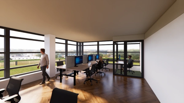 3D-impressie van het Adammium kantoor met werkplekken, grote ramen en uitzicht op een groene omgeving.