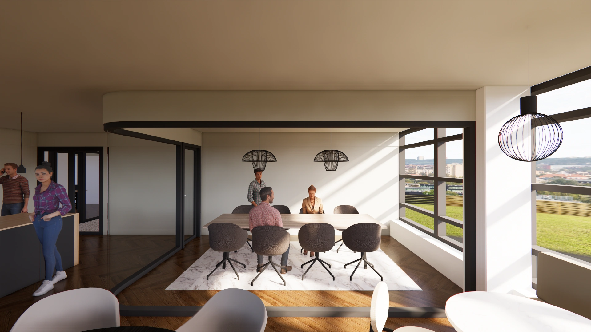 3D-impressie van een moderne vergaderruimte in Adammium met vergadertafel, stoelen en hanglampen, omringd door ramen met uitzicht op de stad.