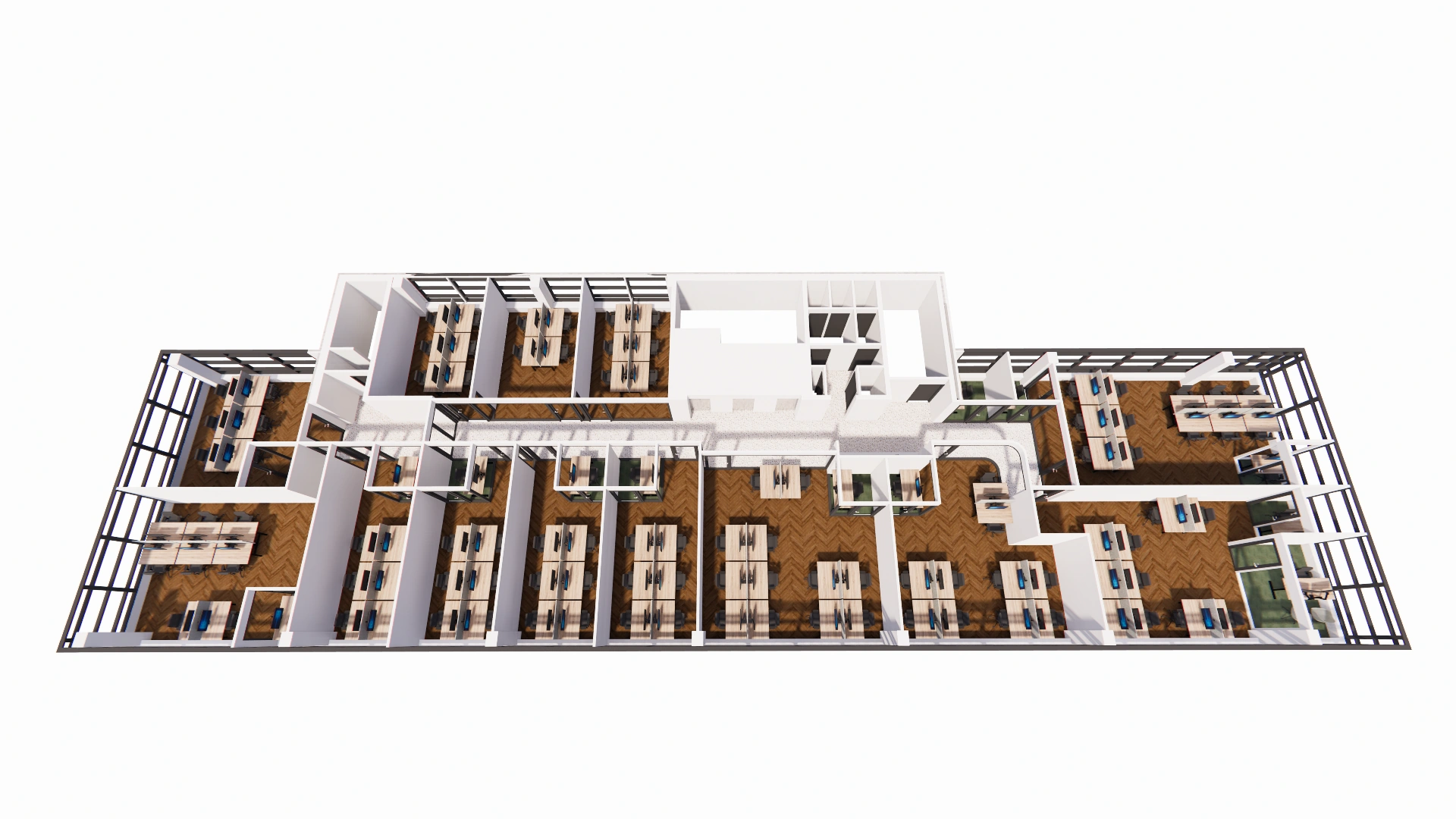 Vogelvluchtweergave van de achtste verdieping met diverse kantoorruimtes en werkplekken.