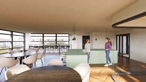 3D-impressie van de Adammium kantinekeuken met zitgedeelte, een groene kookeiland en drie personen.