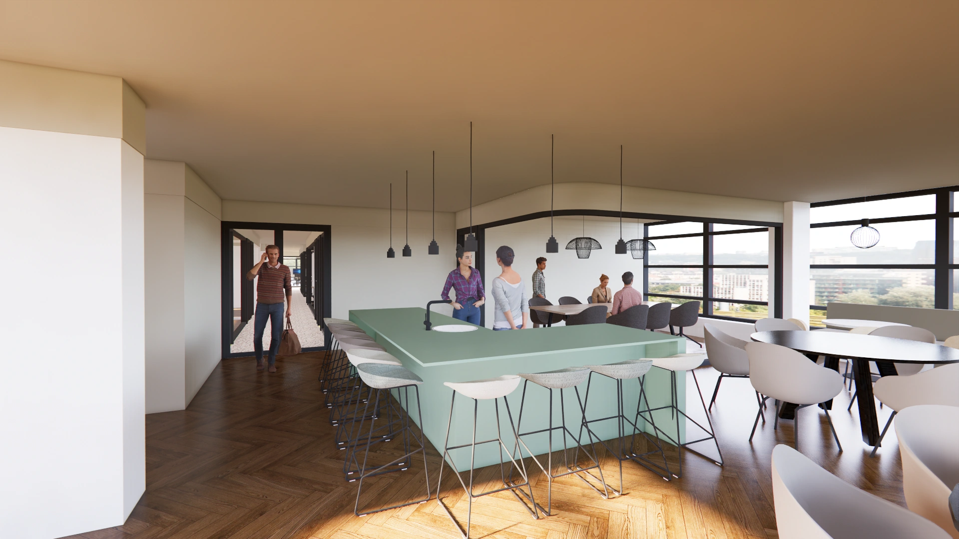 3D-impressie van de moderne keuken en kantine van Adammium met zitplekken, hanglampen en mensen in gesprek.