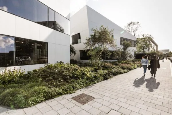 Twee mensen wandelen over de Fred. Roeskestraat langs moderne witte kantoorgebouwen met veel groen.