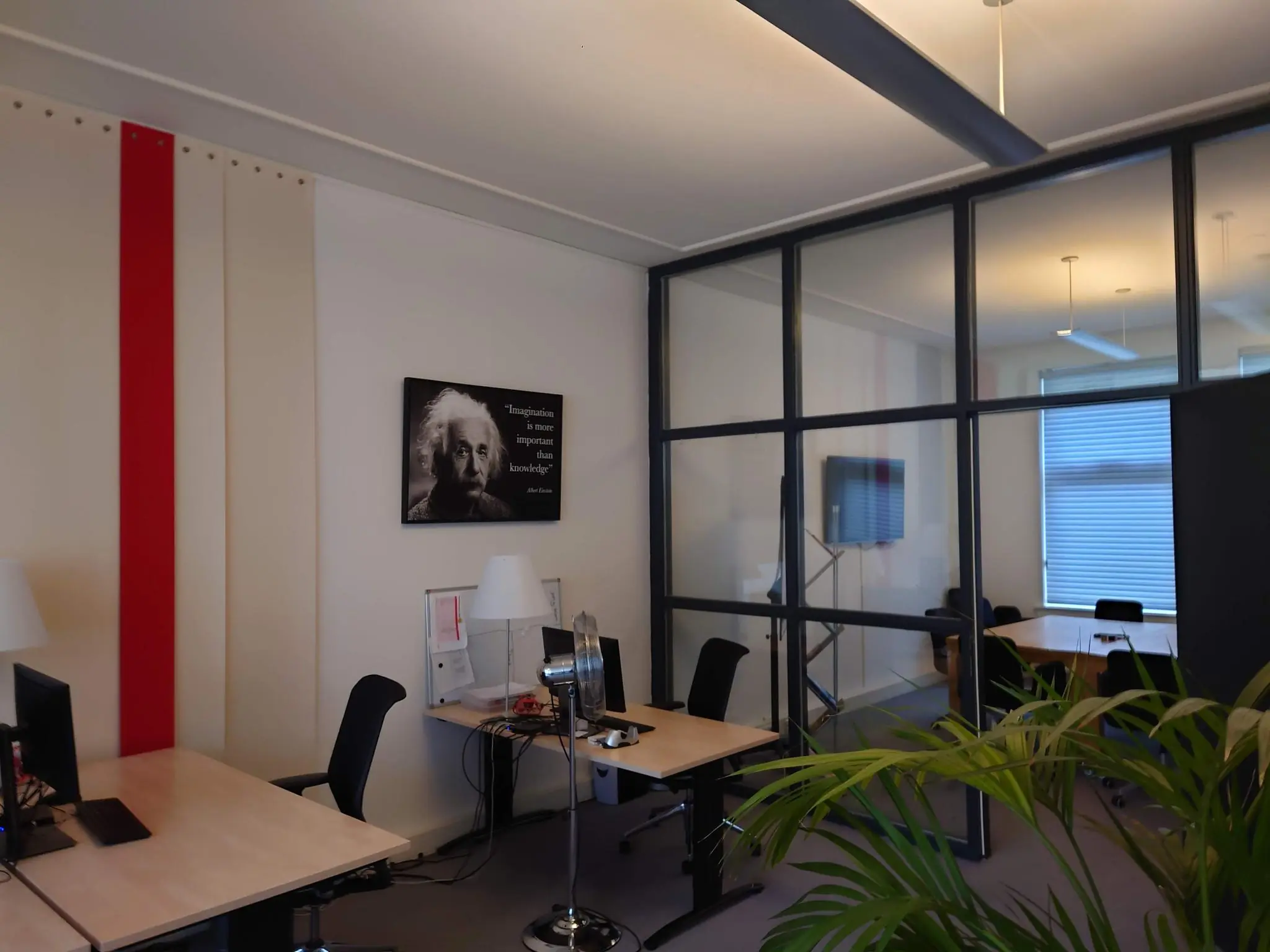 Moderne kantoorruimte aan de Maliesingel met bureaus, glazen vergaderruimte en een poster van Albert Einstein aan de muur.