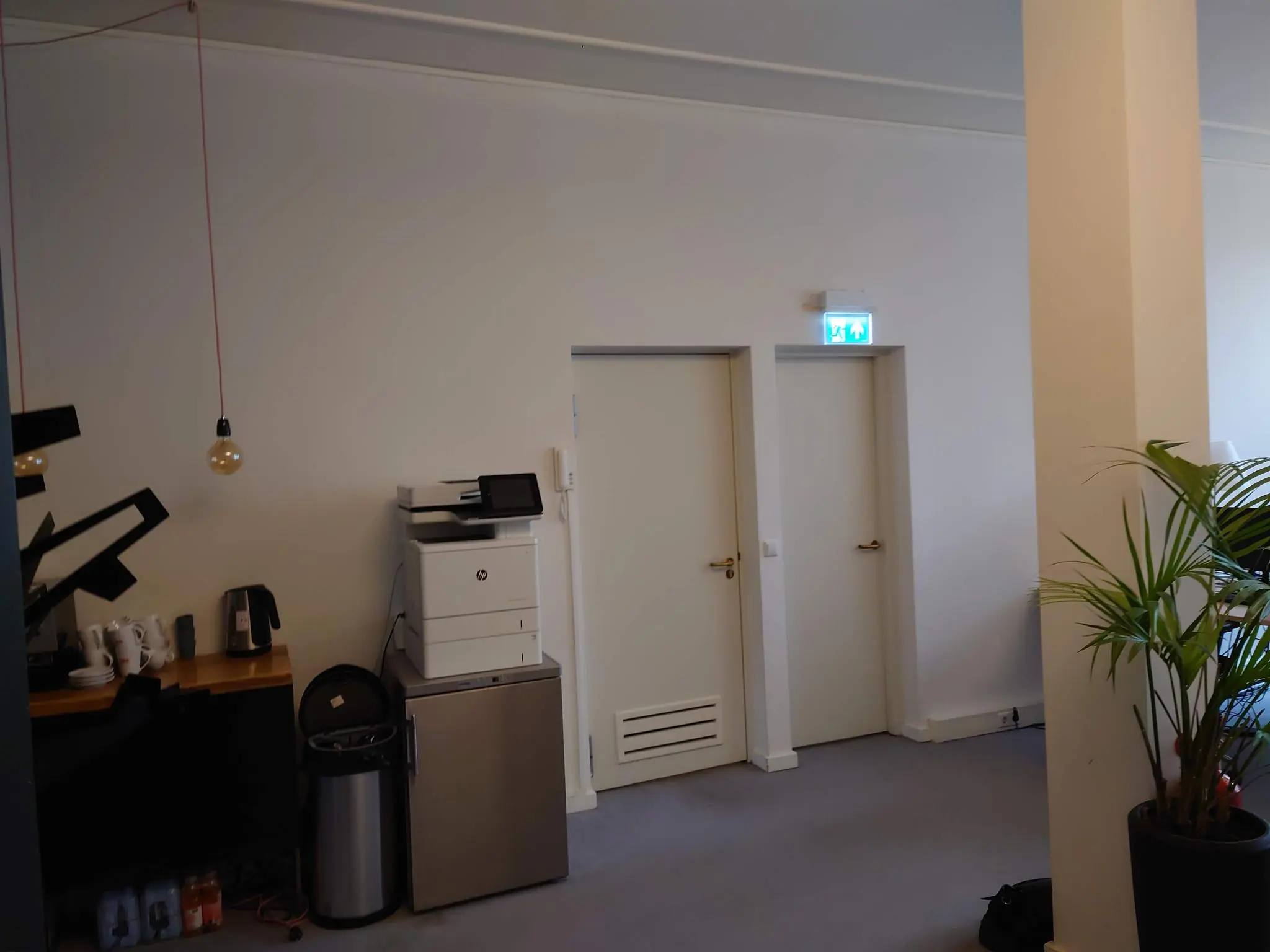 Kantoorruimte aan de Maliesingel met een printerhoek, planten en twee gesloten deuren.