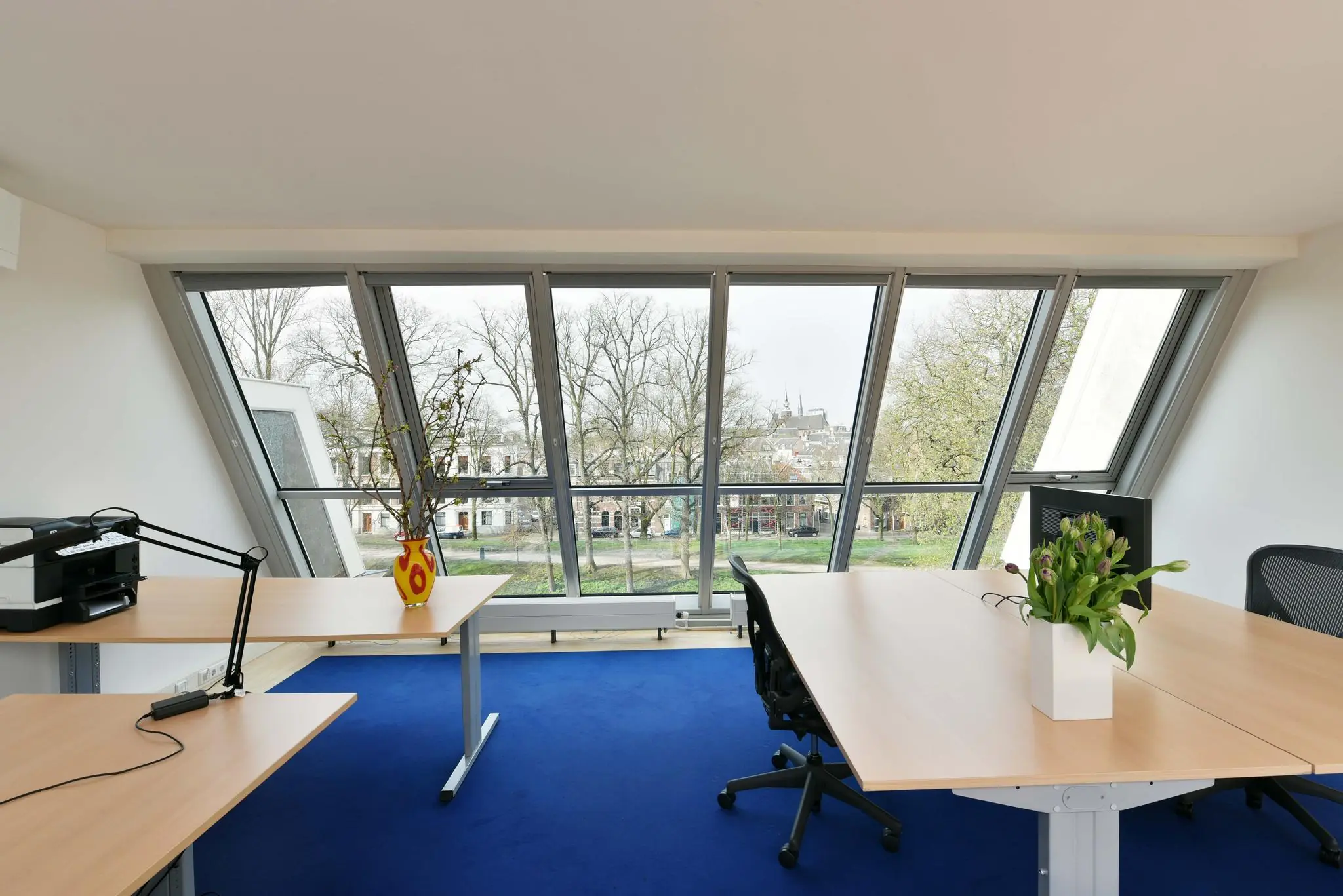 Modern kantoor met grote schuine ramen aan de Maliesingel en uitzicht op bomen en historische gebouwen.