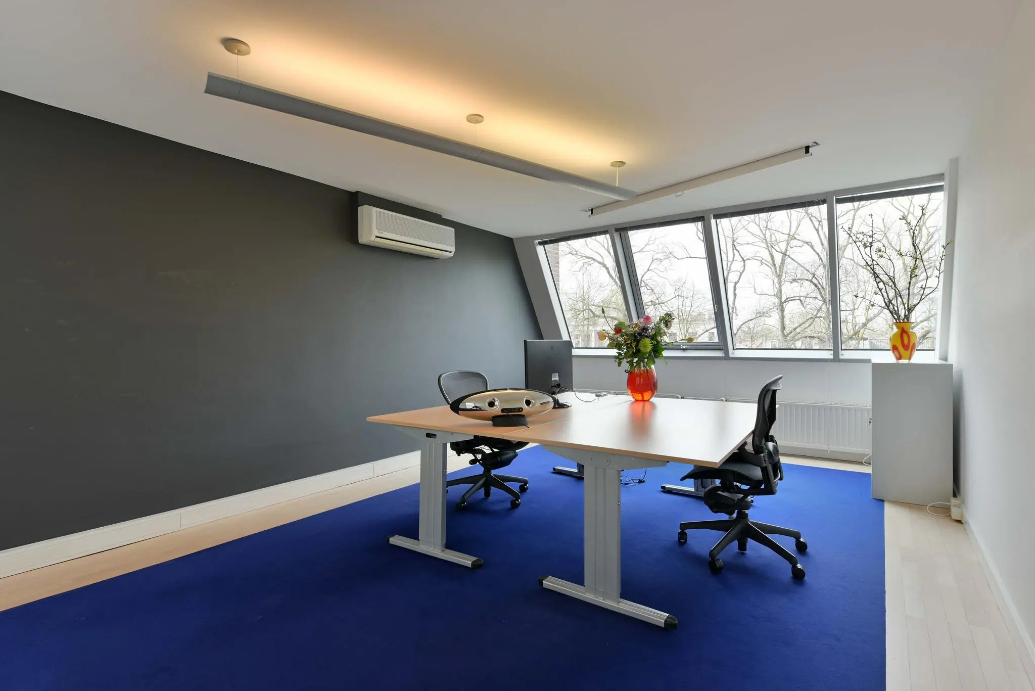 Modern kantoor met twee bureaus, een donkergrijze muur en grote ramen met uitzicht op bomen aan de Maliesingel.