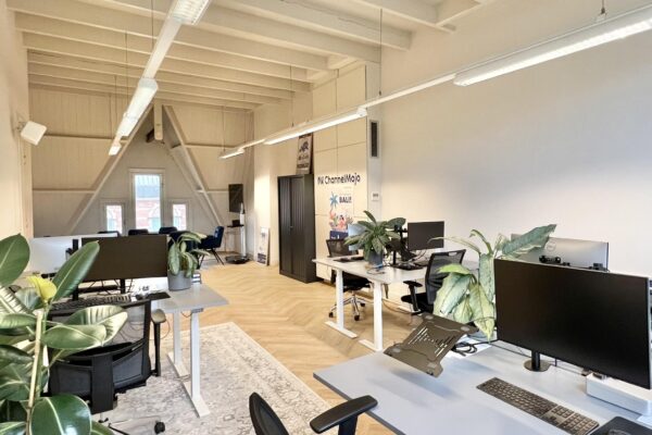 Modern kantoorinterieur aan de Paulus Potterstraat met werkplekken, planten en een hoog schuin plafond.