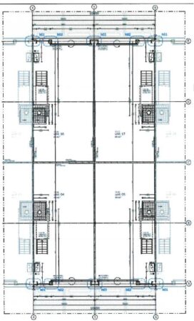 Bouwtekening van een verdieping op het adres Laan van S-Gravenmade met vier units en trappenhuizen.