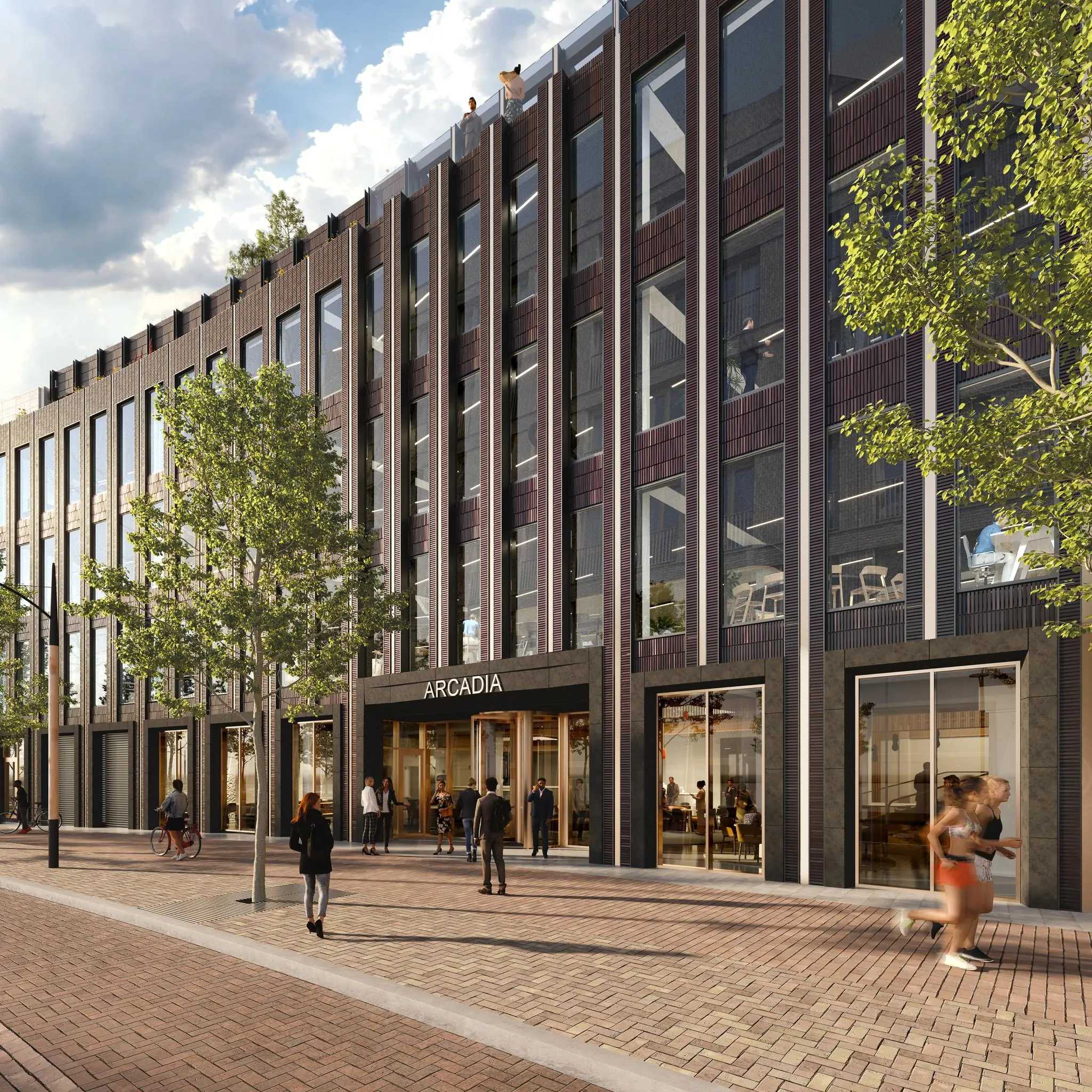 Moderne gevel van het gebouw Arcadia aan de Reykjavikstraat met passerende voetgangers en fietsers.