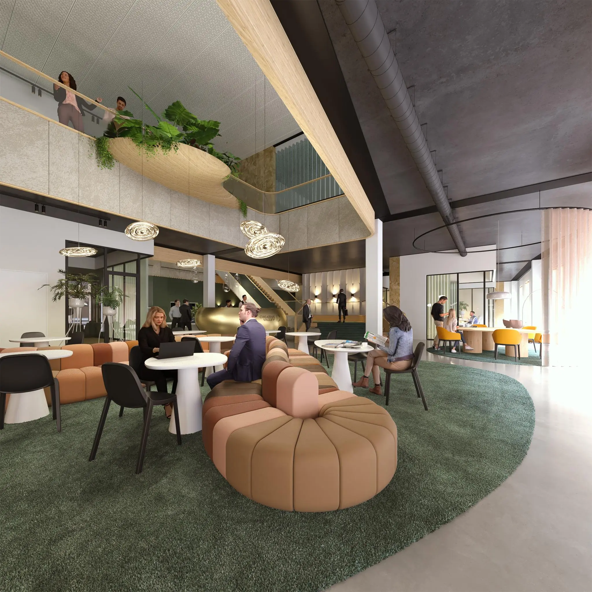 Modern ingerichte kantoorlobby aan de Reykjavikstraat met loungezitjes, werkplekken en een open verdieping.