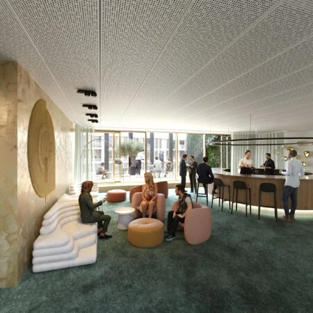 Moderne lounge- en barruimte in een gebouw aan de Reykjavikstraat met mensen in gesprek en ontspanning.