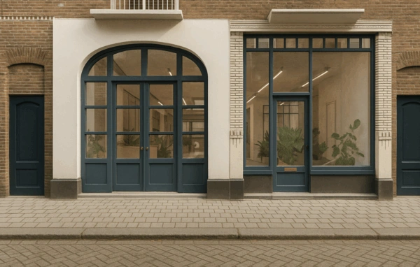 Voorgevel van een pand aan de Ruysdaelstraat met donkerblauwe deuren en grote ramen met zicht op binnenplanten.