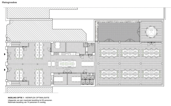 Plattegrond van kantoorruimte aan de Ruysdaelstraat met werkplekopstelling voor optimale bezetting tot 74 personen.