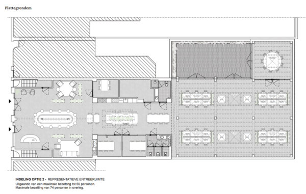 Plattegrond van Ruysdaelstraat met indeling voor representatieve entree- en vergaderruimtes, werkplekken en faciliteiten voor maximaal 74 personen.