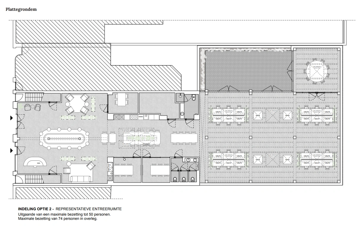 Plattegrond van Ruysdaelstraat met indeling voor representatieve entree- en vergaderruimtes, werkplekken en faciliteiten voor maximaal 74 personen.