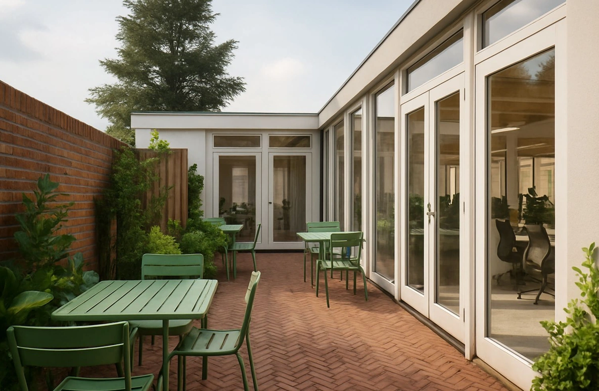 Binnentuin met groene bistrostoelen en tafels, omringd door grote ramen en een bakstenen muur aan de Ruysdaelstraat.