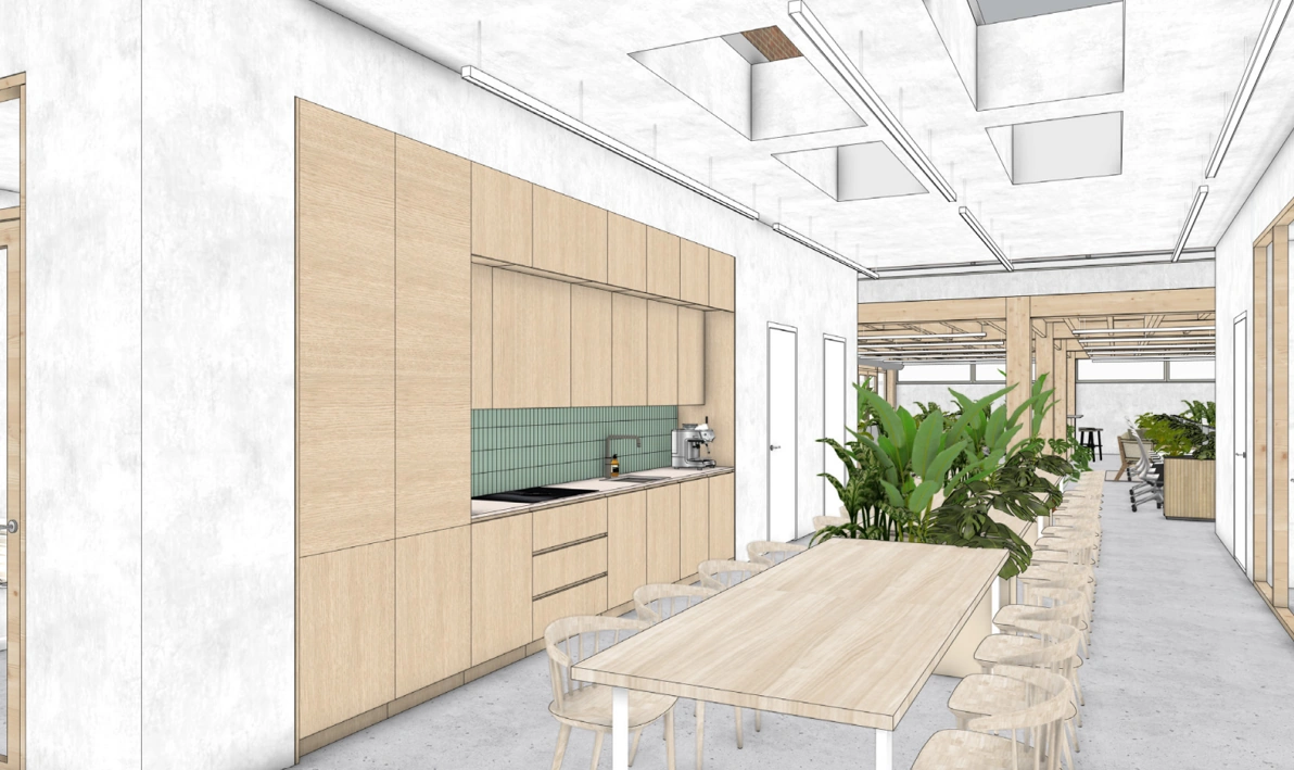 3D-interieurontwerp van een moderne kantoorruimte aan de Ruysdaelstraat met een houten keuken, lange eettafel, veel groen en open werkplekken.