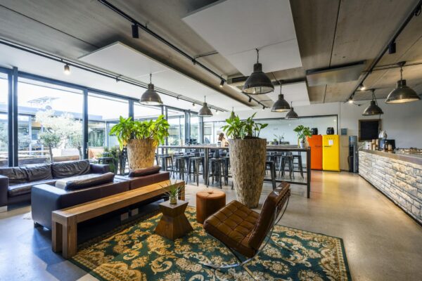 Modern ingerichte lounge- en eetruimte aan de Johan van Hasseltweg met veel daglicht, grote planten en kleurrijke retro koelkasten.