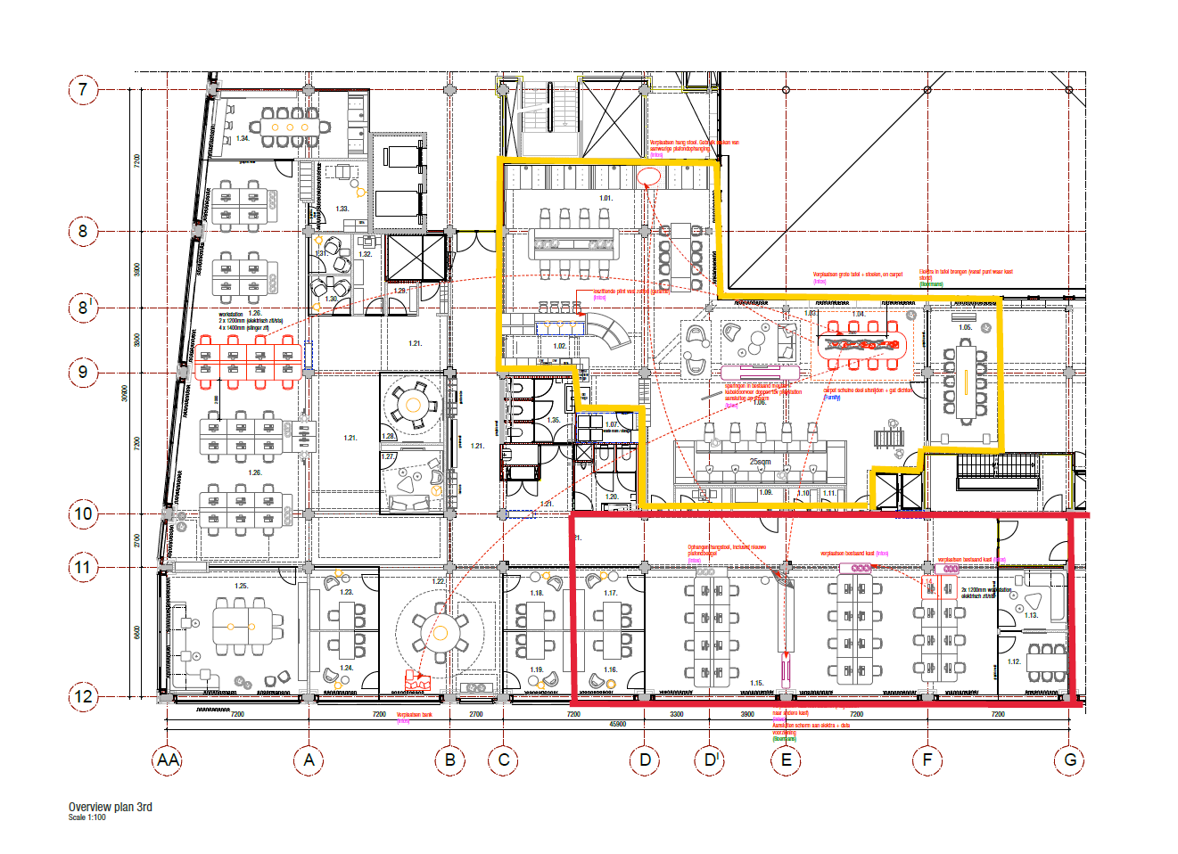 Plattegrond van de derde verdieping aan de Mr. Treublaan met kantoorruimtes, vergaderruimtes en voorzieningen gemarkeerd in kleur.