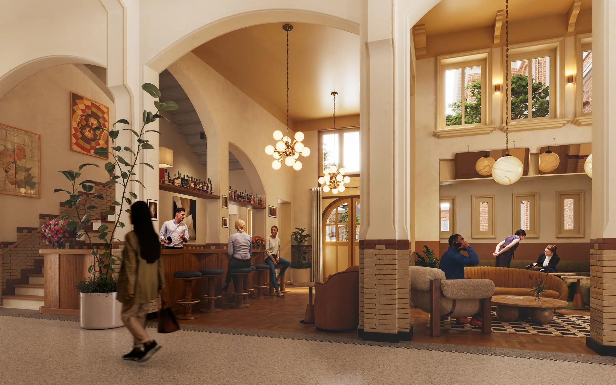 Sfeervolle hotellobby aan de Leidseweg met bar, zithoeken en mensen in gesprek.