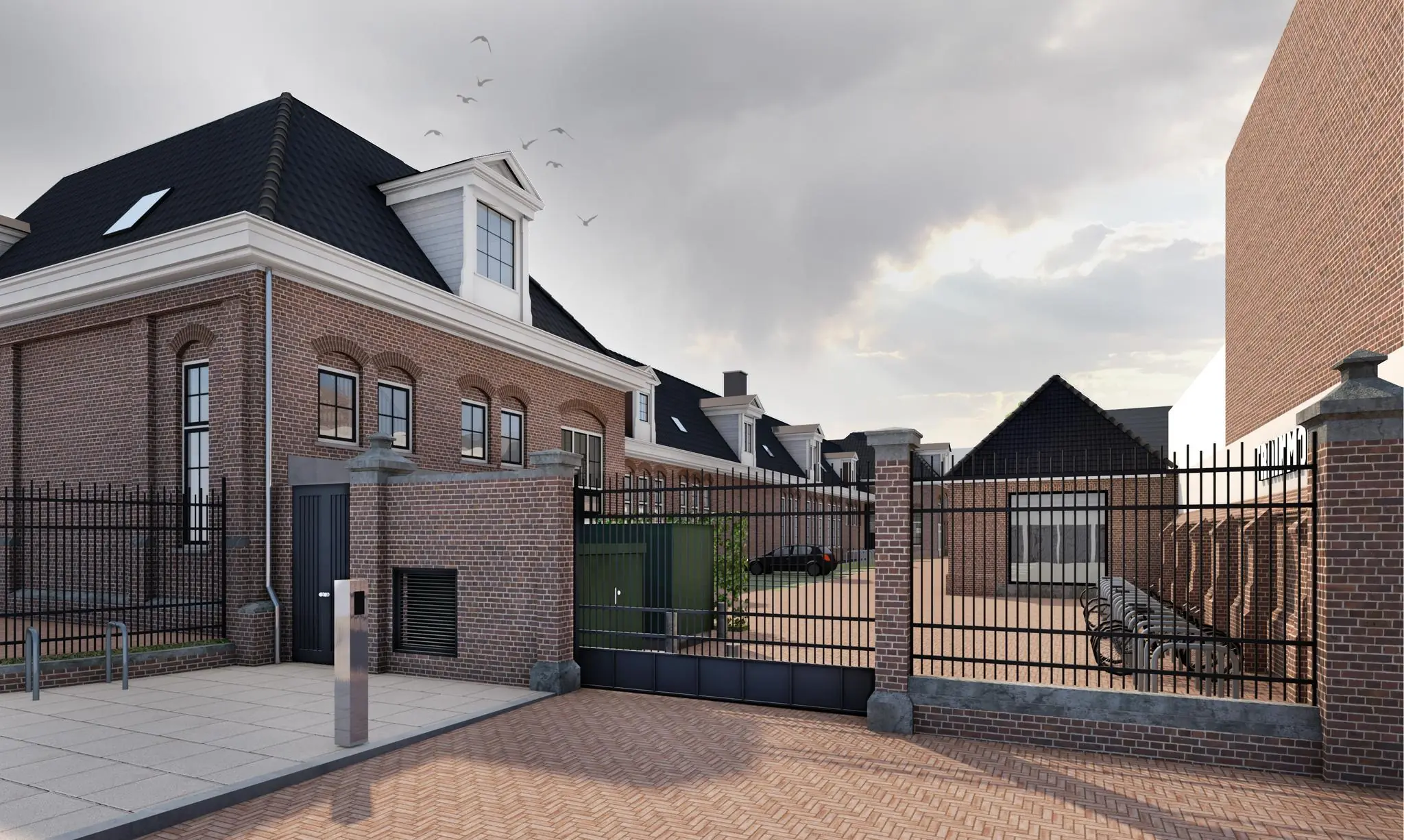 Nieuwbouwproject aan de Leidseweg met een toegangshek, bakstenen woningen, fietsenstalling en geparkeerde auto.
