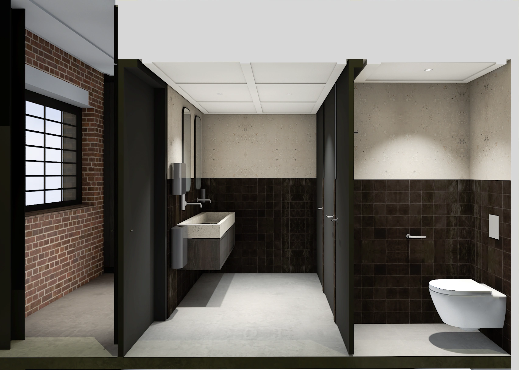 Modern openbaar toiletinterieur met betonnen vloer, zwarte wandtegels, hangtoilet en twee wastafels met spiegels.