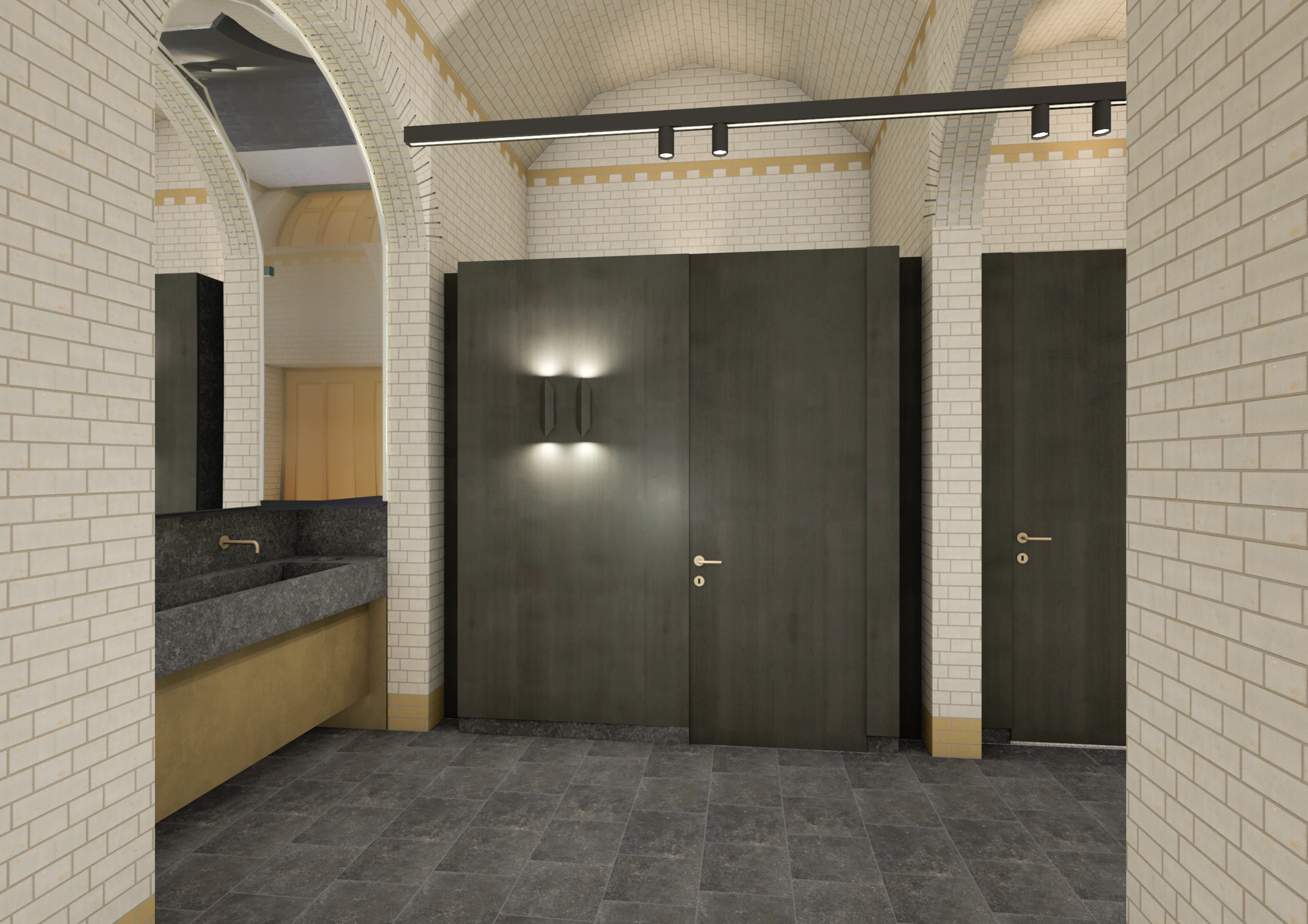 Moderne toiletruimte aan de Leidseweg met donkere deuren, lichte bakstenen muren en een zwart stenen wastafelblad.