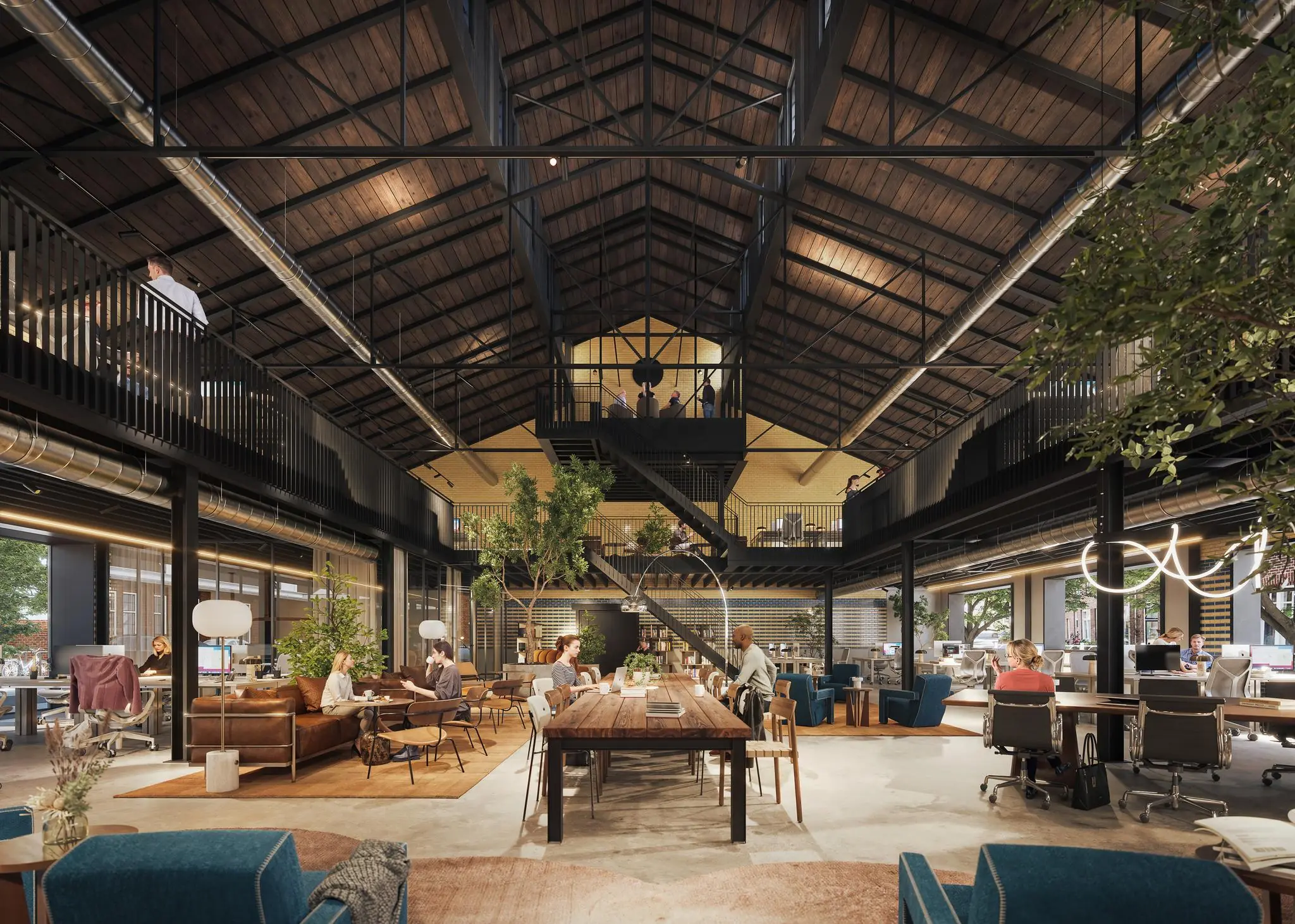 Moderne en ruime co-werkplek in een industrieel pand aan de Muntkade met open structuur, veel daglicht en groene accenten.