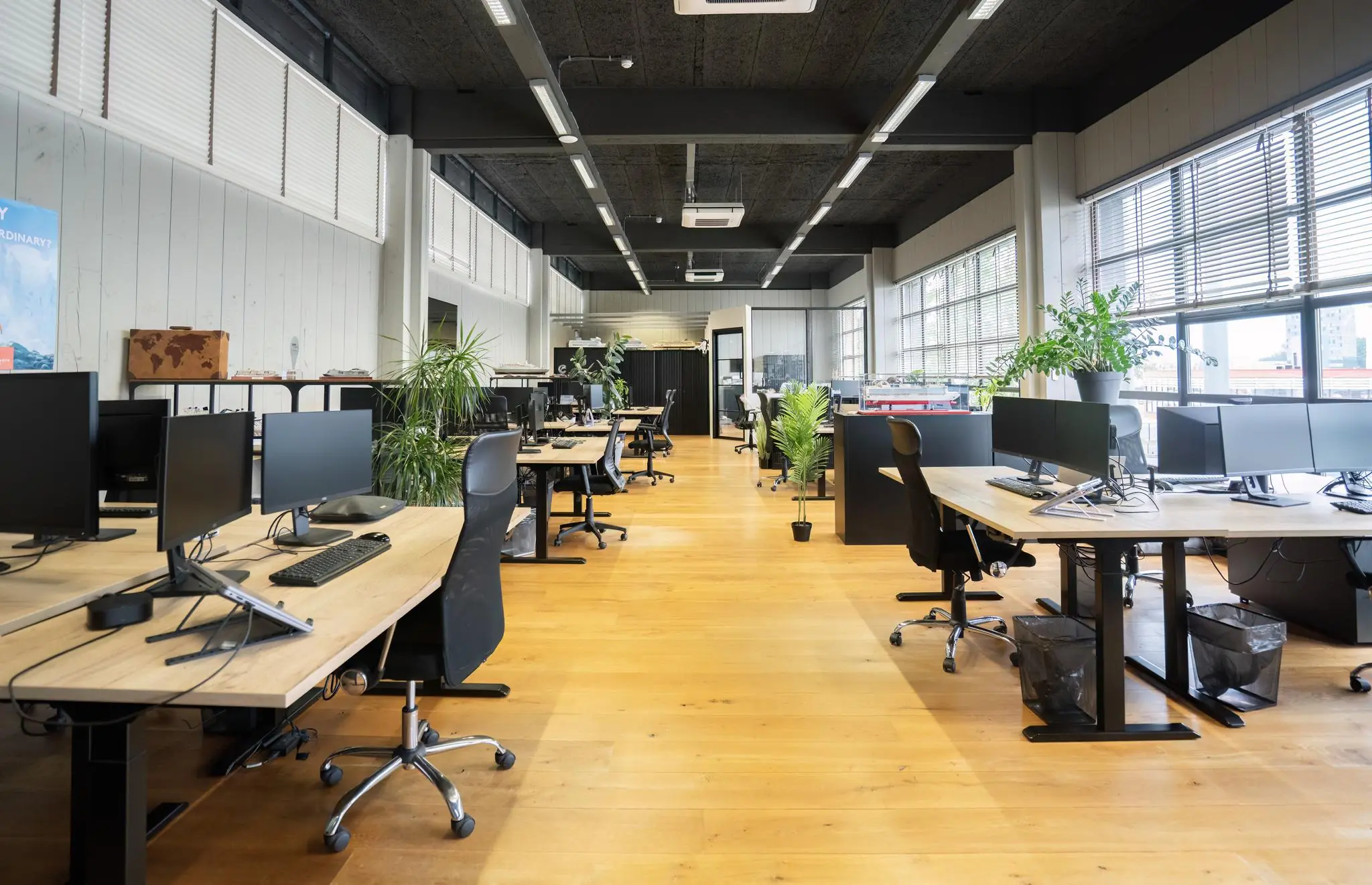 Moderne en ruime kantoortuin aan de Schiedamsedijk met werkplekken, grote ramen en veel planten.