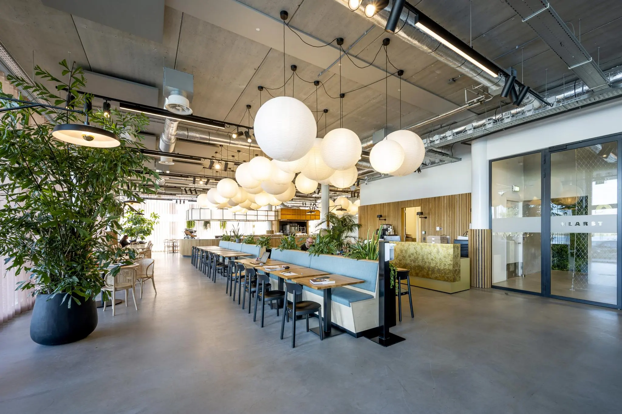 Modern en licht interieur van een kantoorrestaurant aan de Moermanskkade met lange zitbanken, planten en ronde hanglampen.