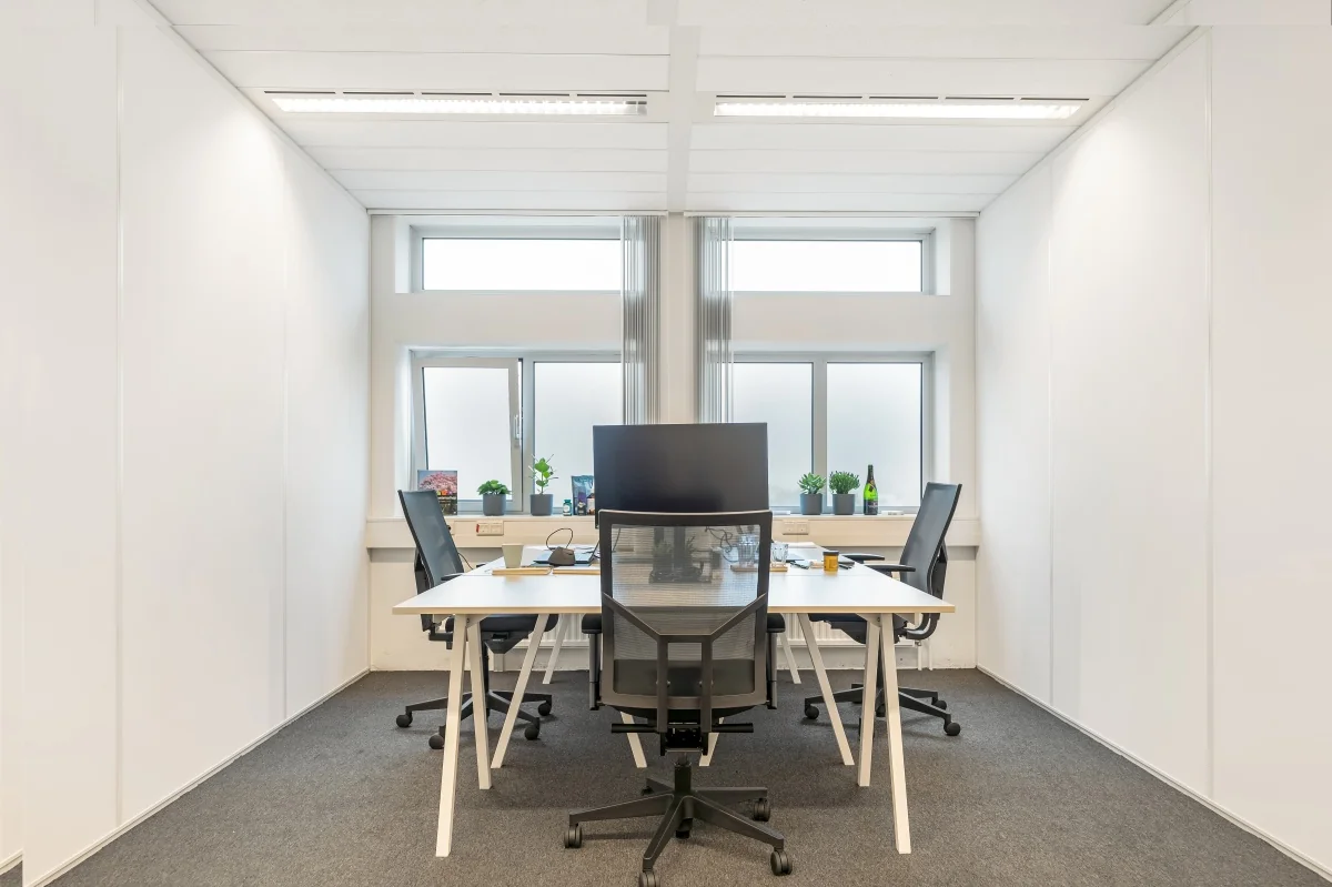 Modern ingerichte kantoorruimte aan de Daltonlaan met vier werkplekken, bureaustoelen en planten bij het raam.