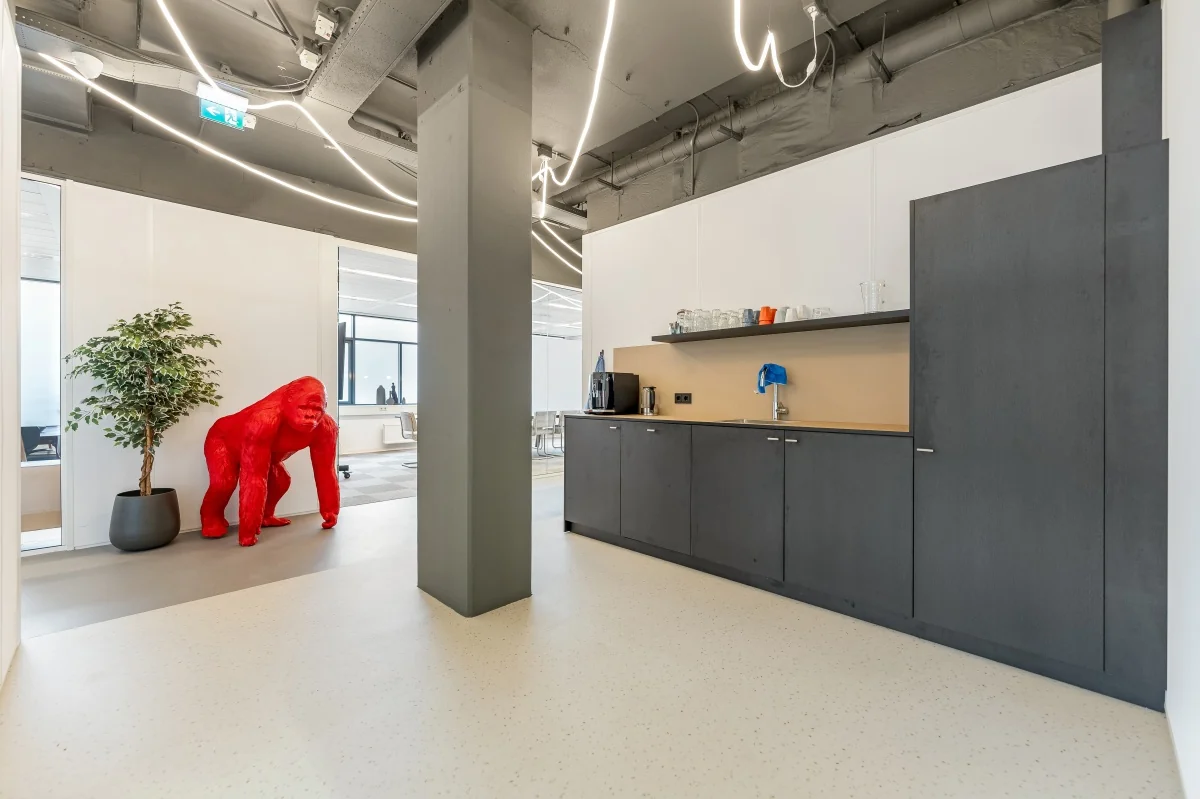 Moderne kantoorkeuken met een grijze kitchenette, een opvallend rood gorillabeeld en een kunstplant bij Daltonlaan.